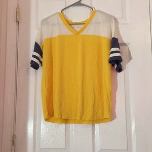 Yellow, grey and white shirt